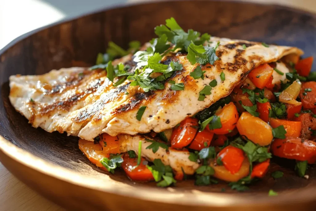 Chicken omelette with sautéed vegetables and parsley garnish