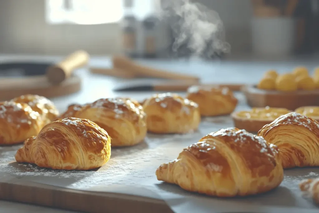 Freshly baked puff pastry dishes with golden-brown layers