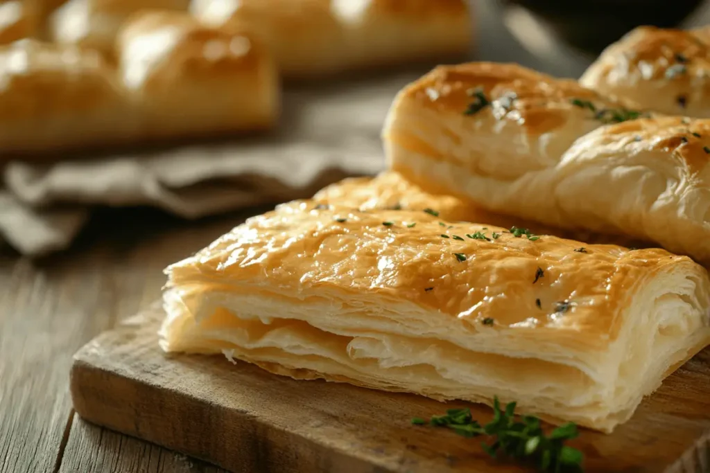 Close-up of puff pastry and crescent rolls on a rustic table.