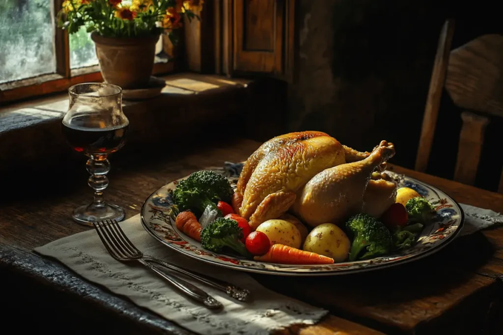 A platter of rotisserie chicken with fresh vegetables on a wooden table.