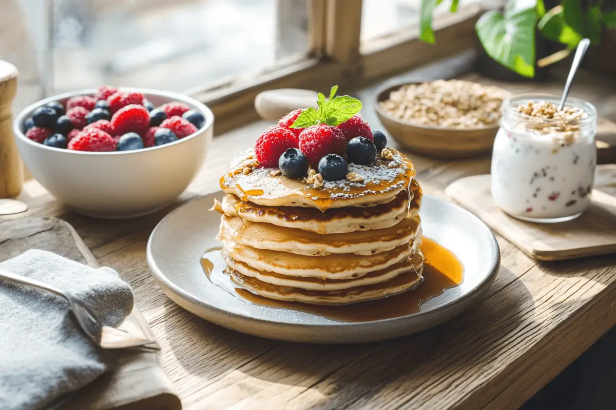 Delicious sweet breakfast spread with pancakes, yogurt, and fresh fruit.