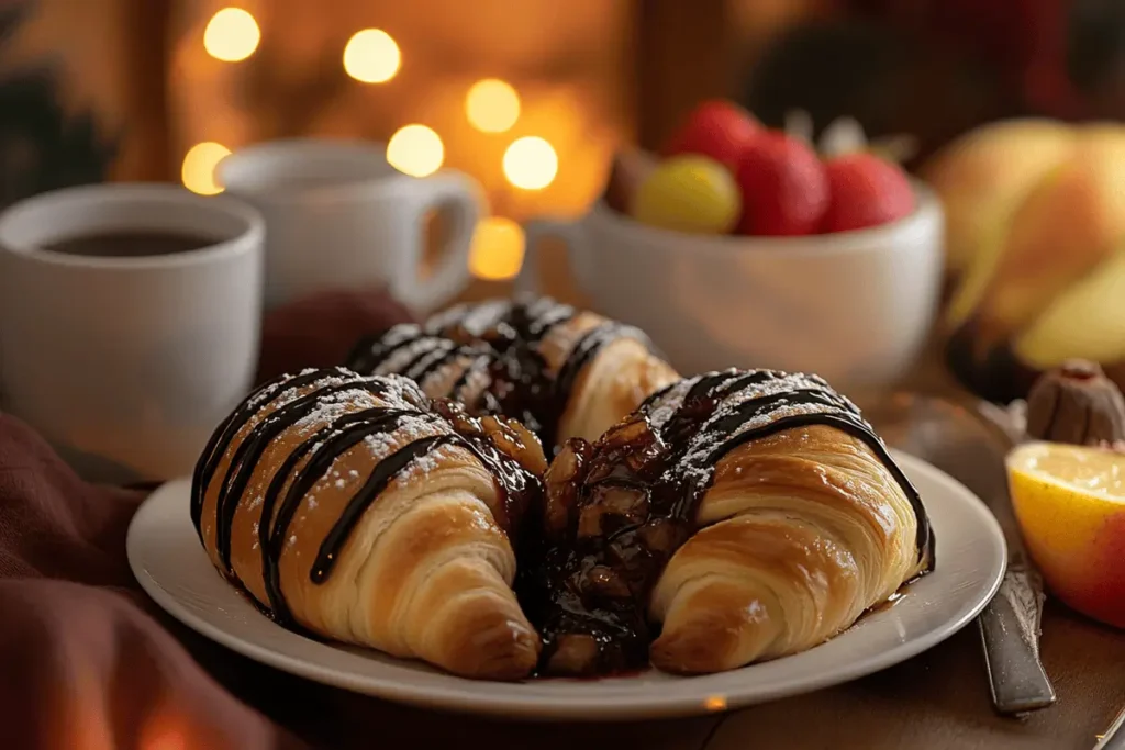  Crescent rolls stuffed with chocolate and fruit preserves on a breakfast table.