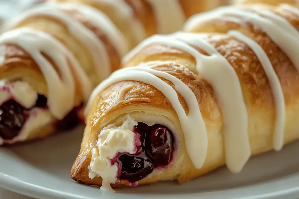 Cherry-filled crescent rolls with icing on a white plate.