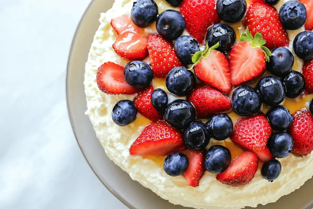 A bowl of sweetened cottage cheese topped with berries and honey