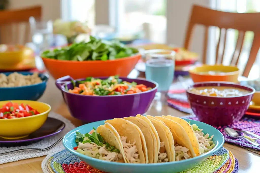 Rotisserie chicken tacos, salad, and chicken soup on a table.