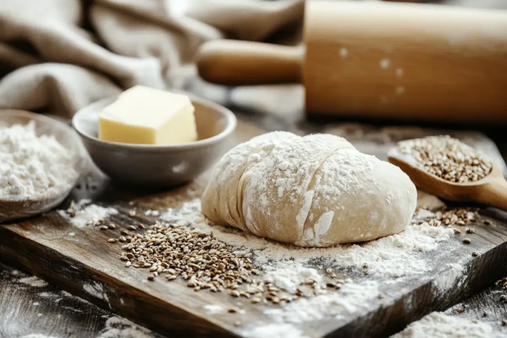 Whole-grain croissants with seeds and baking ingredients.