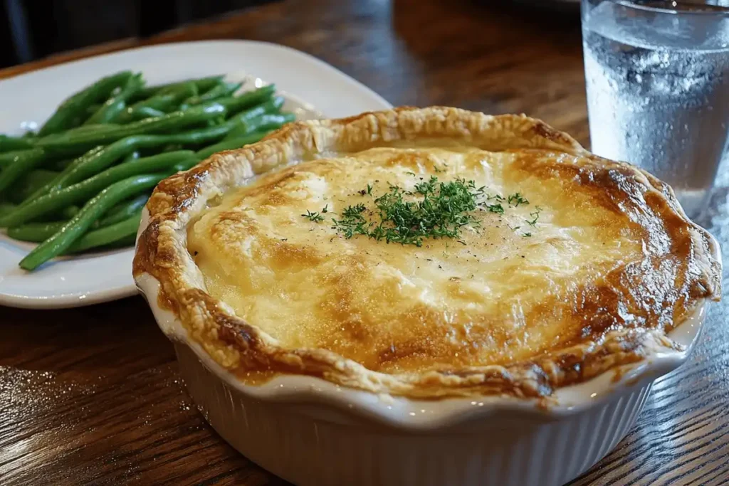 Freshly baked chicken pot pie with a golden crust served with green beans.