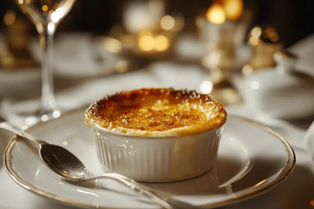 Luxurious table setting with crème brûlée