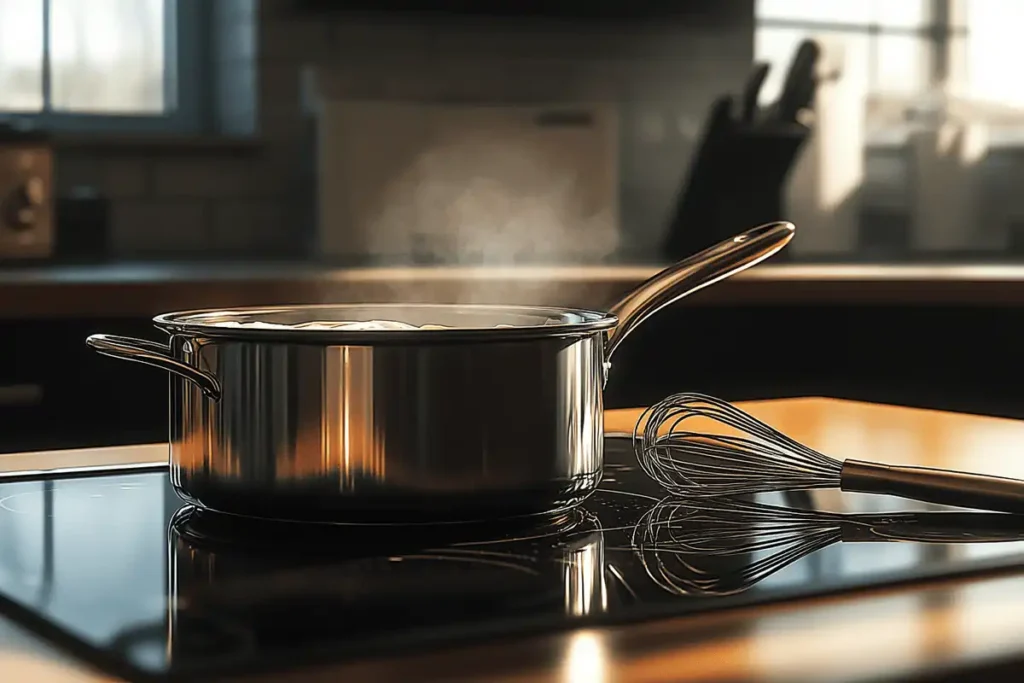 Scalding cream in a saucepan for crème brûlée.