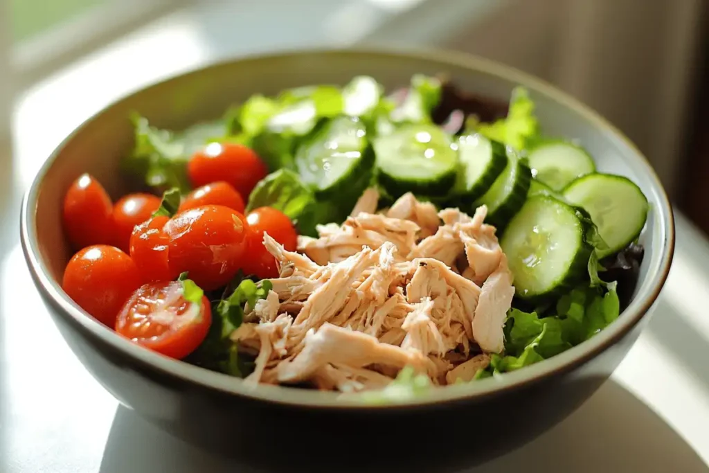 Fresh salad with shredded rotisserie chicken, cherry tomatoes, and cucumbers.