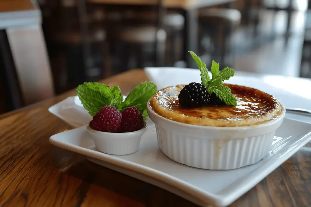 Crème brûlée with caramelized sugar topping and berries.