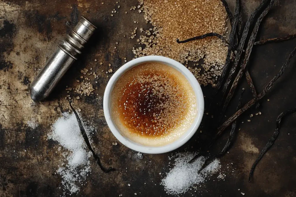 Golden caramelized crème brûlée in a ramekin with vanilla pods.