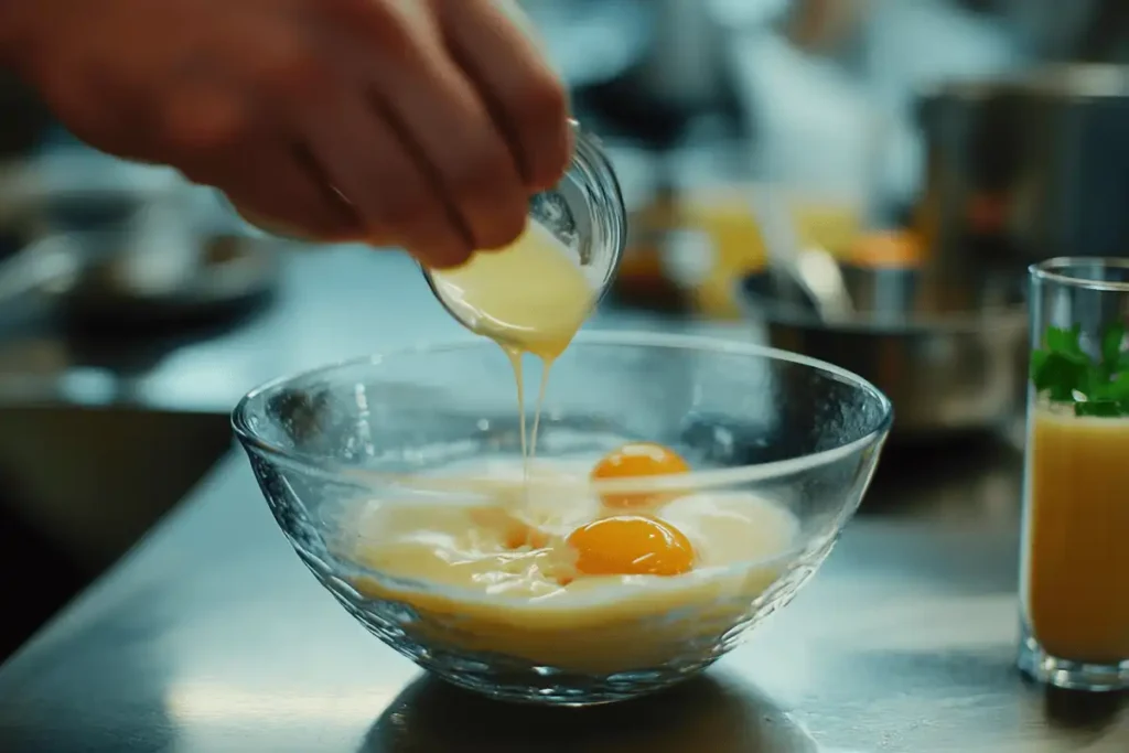 Mixing egg yolks and sugar for crème brûlée custard.