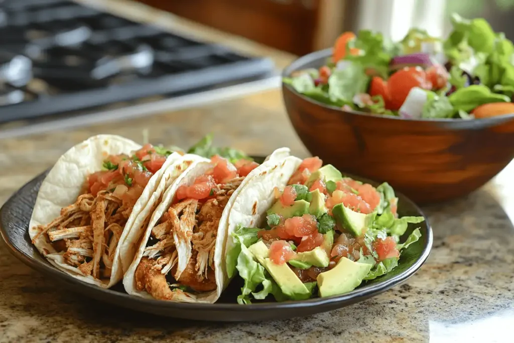 Plate of rotisserie chicken tacos with colorful toppings on a rustic kitchen counter.