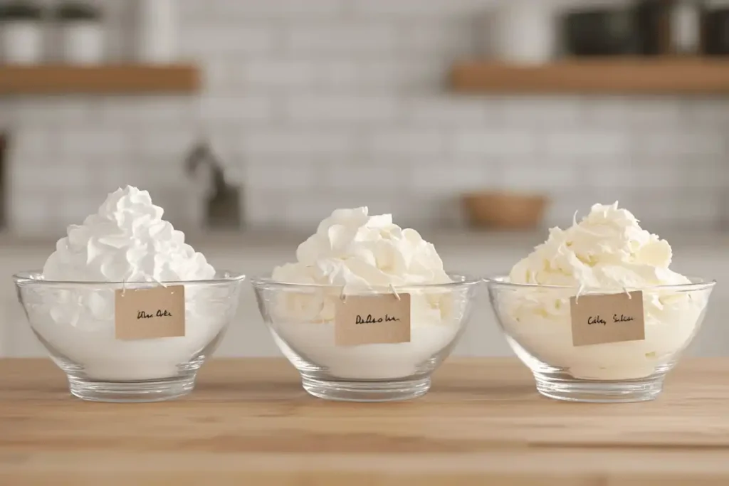 Comparison of heavy cream, whipping cream, and light cream in glass bowls.