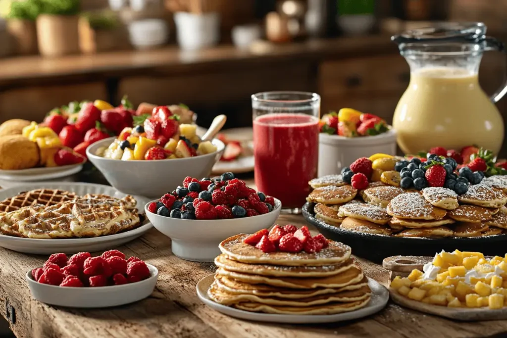 A table with delicious sweet breakfast dishes including pancakes, waffles, and fruit bowls.