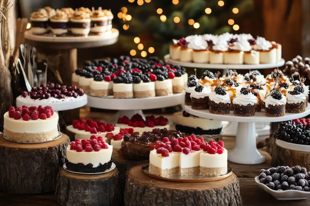 Mini cheesecakes with different toppings on a dessert table