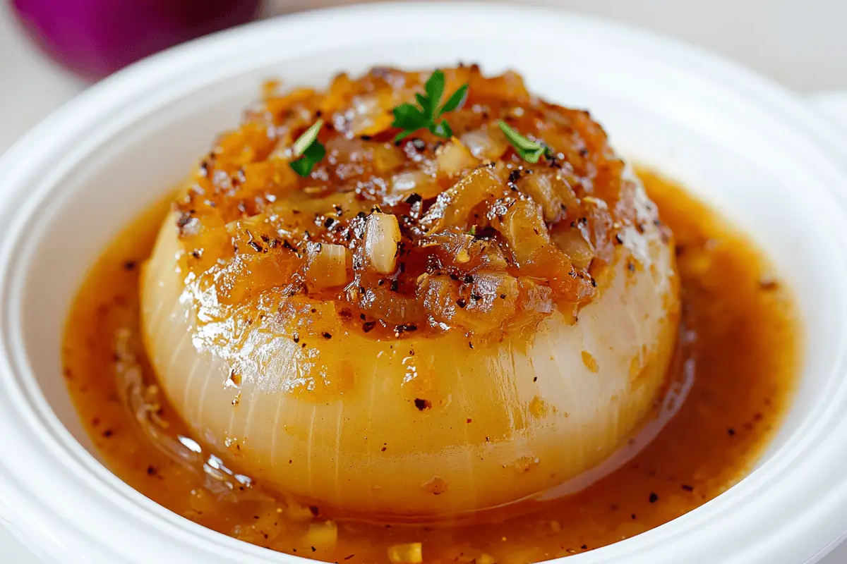 A bowl of steaming onion boil with fresh herbs.