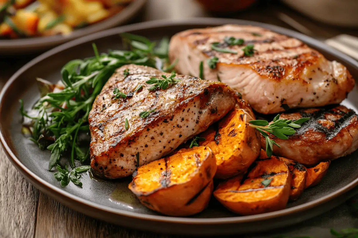 Plated dish of sweet potatoes with grilled chicken, steak, and salmon.