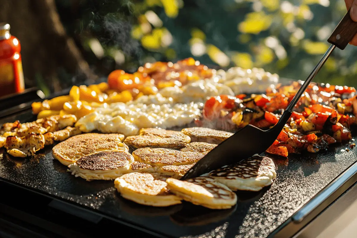 Delicious Blackstone breakfast recipes on a griddle outdoors.