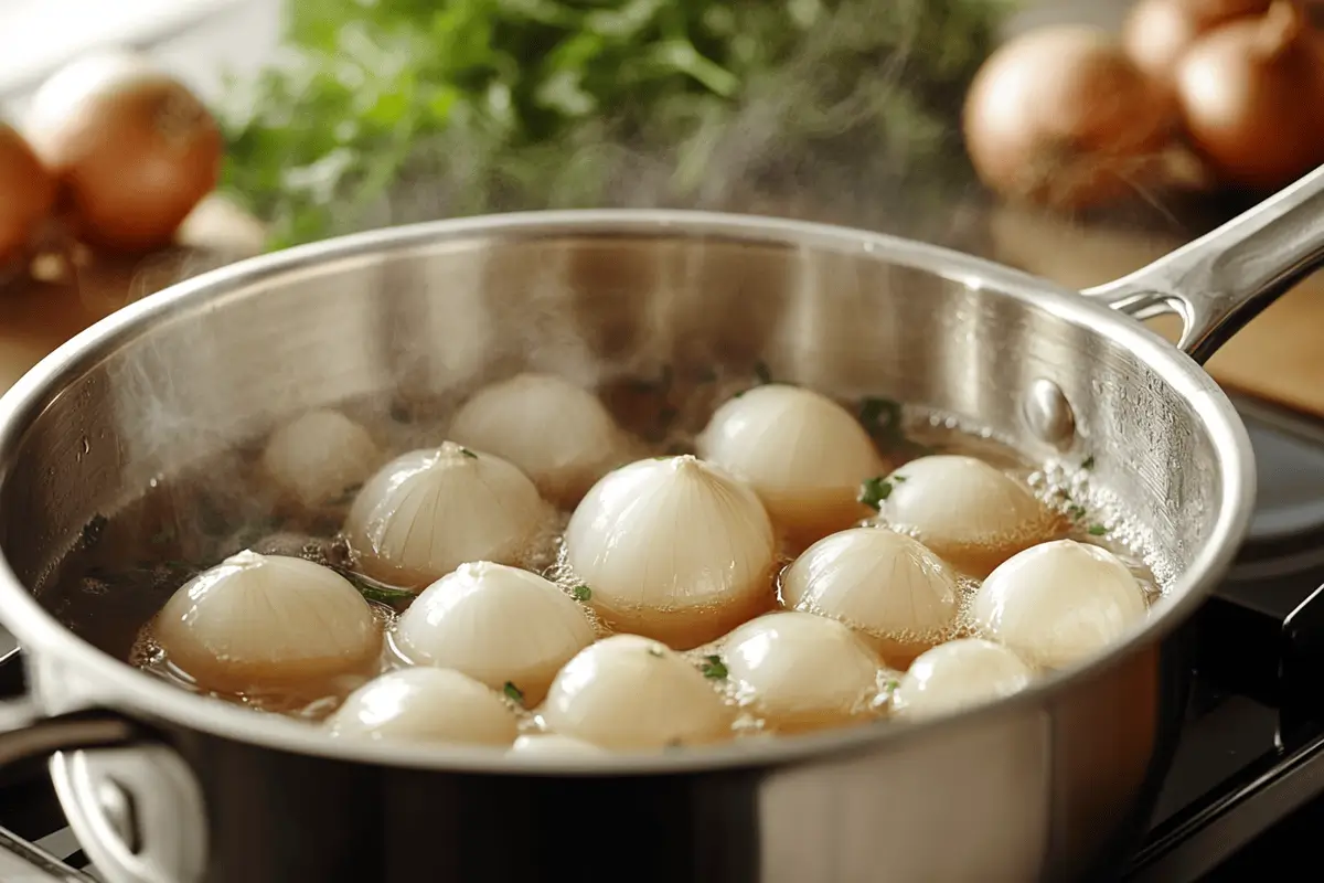 Pot of onions boiling on the stovetop with steam.