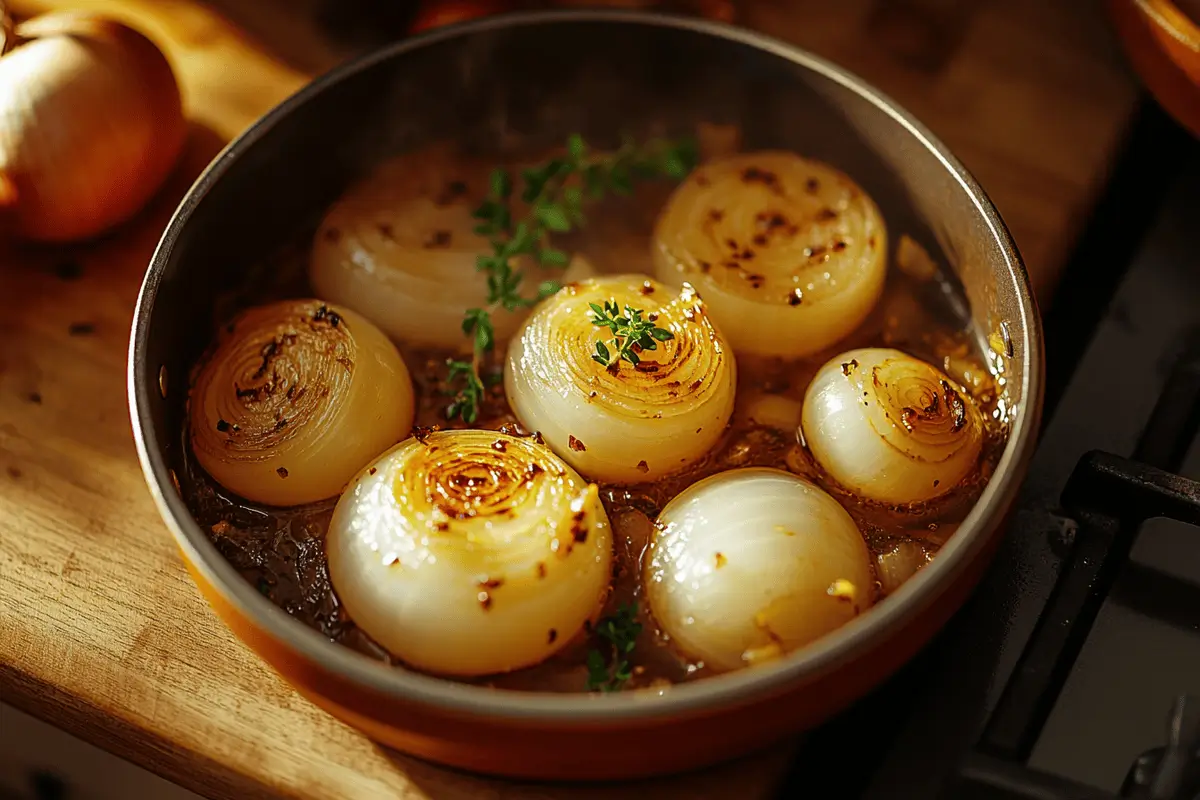 Pot of boiling onions on a stovetop with steam rising.