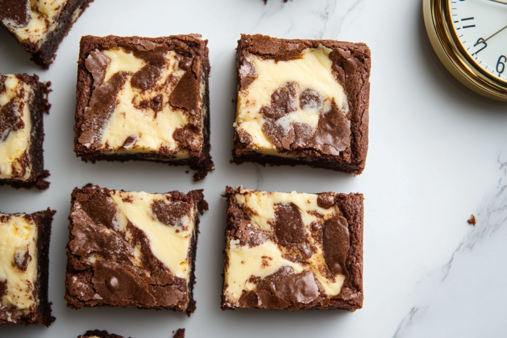 Cheesecake brownies sitting on a countertop with a clock showing 2 hours. How long can cheesecake brownies be left out