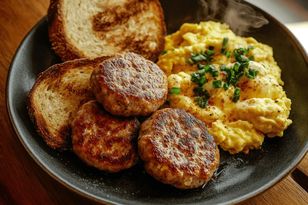 Hearty breakfast plate with sausage, eggs, and toast