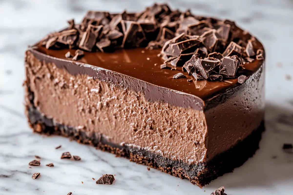 Chocolate cheesecake with ganache and chocolate shavings