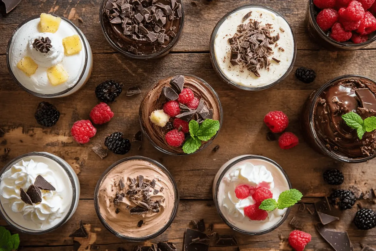 No-bake desserts assortment on a wooden table.