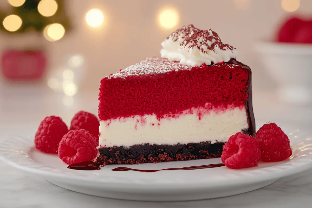 Slice of red velvet cheesecake with chocolate drizzle and raspberries