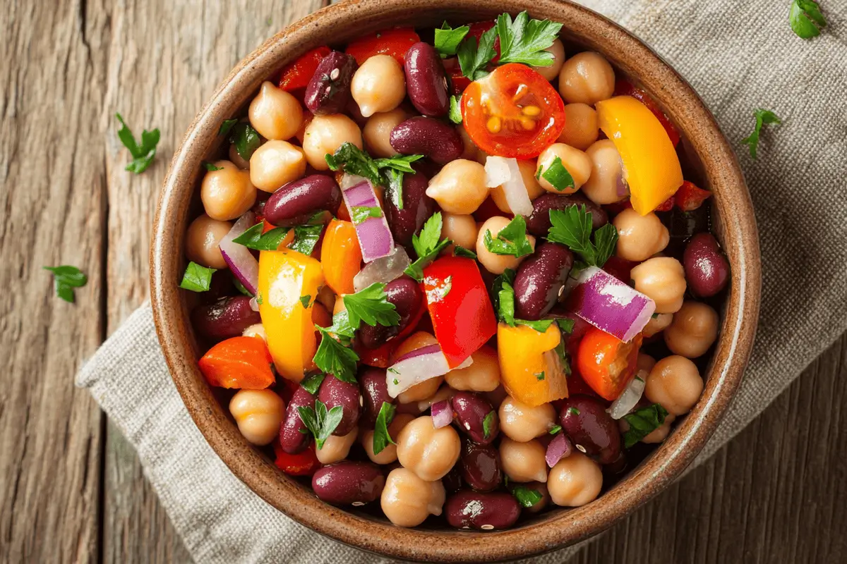 A vibrant, colorful dense bean salad in a ceramic bowl.