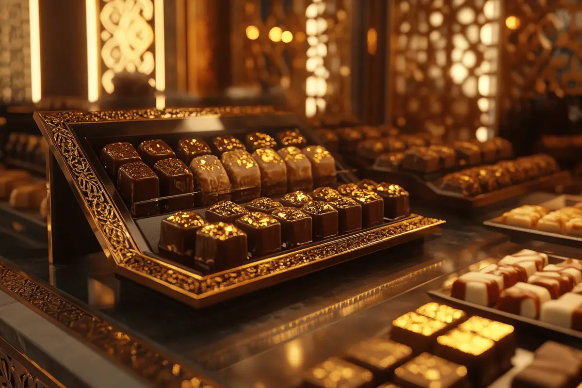 A luxurious tray of Dubai chocolate featuring gold-infused and saffron chocolates.