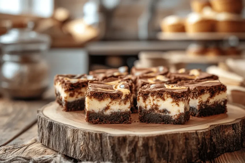 Cheesecake brownies with a creamy cheesecake swirl, freshly baked.