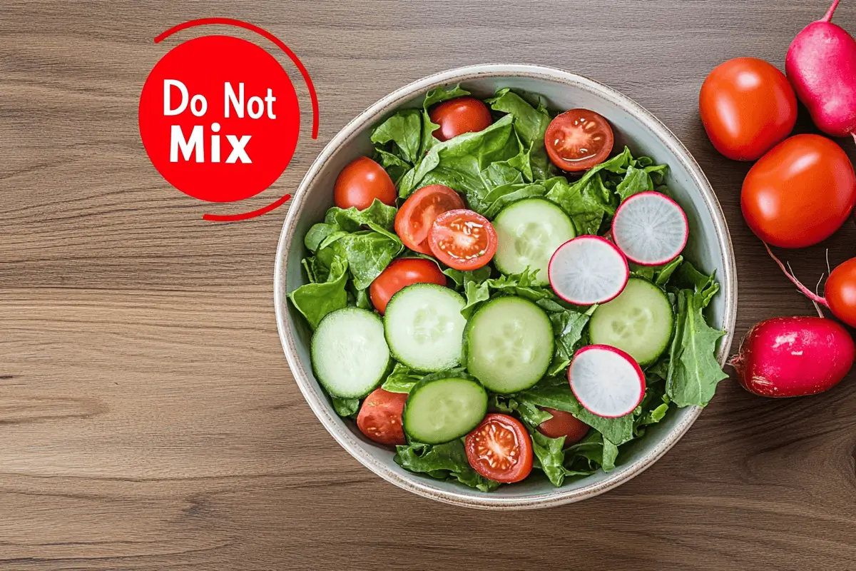 Cucumber slices with tomatoes and radishes marked as a bad food pairing.