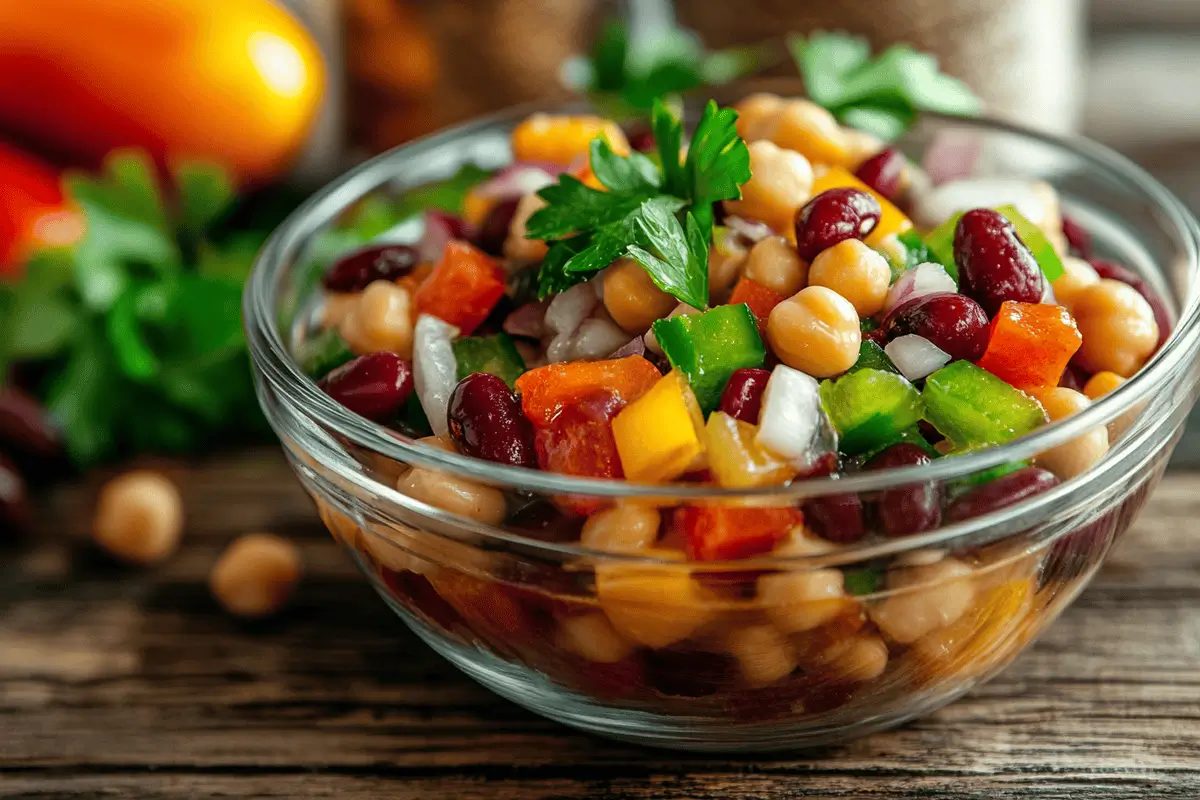 Freshly prepared dense bean salad in a bowl with colorful veggies