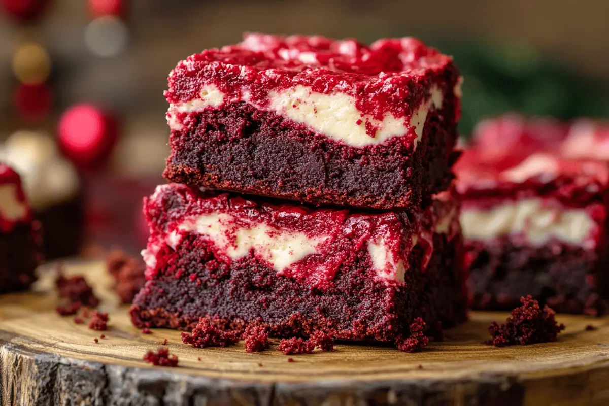Stack of freshly baked Red Velvet Cheesecake Brownies with swirls