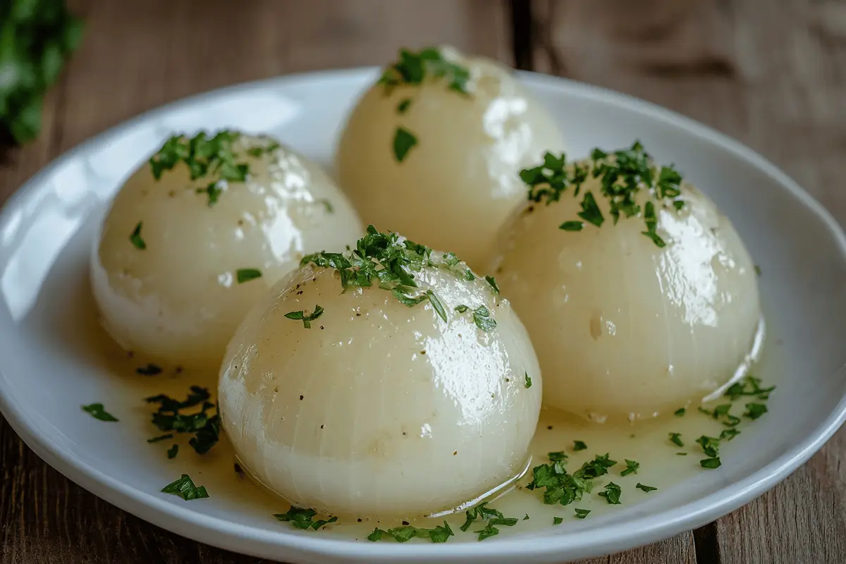 Steaming hot boiled onion garnished with herbs on a plate