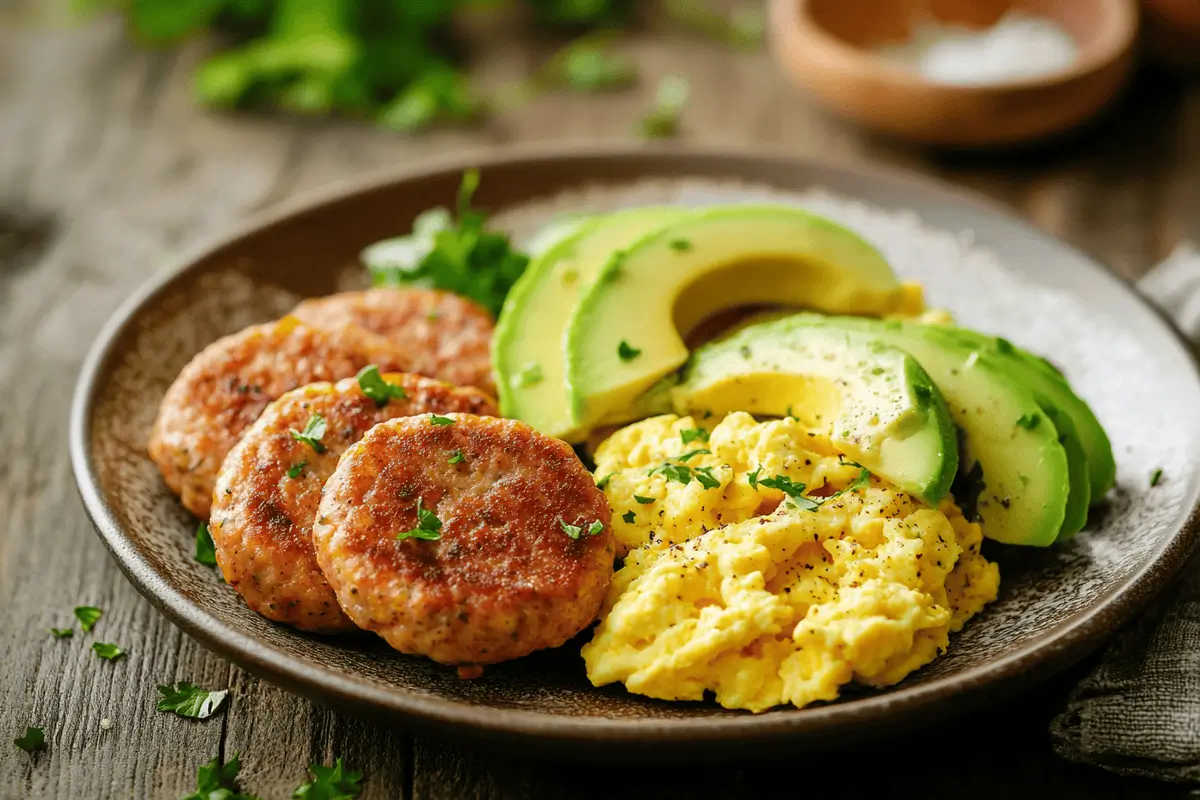 Homemade turkey breakfast sausage patties served with eggs and avocado.