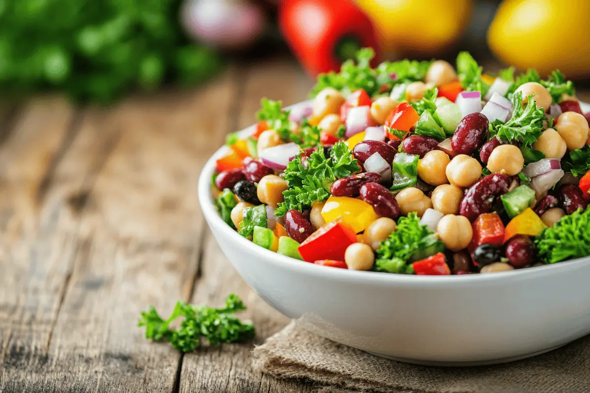 A colorful bowl of dense bean salad with fresh vegetables.