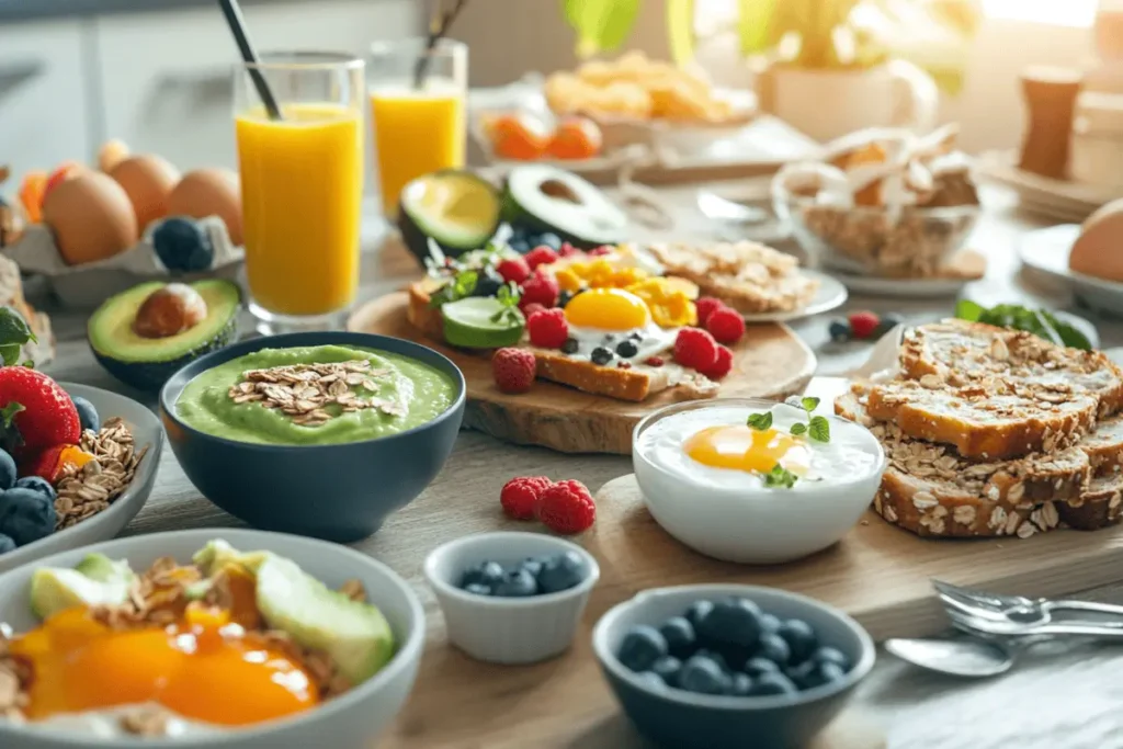 A nutritious breakfast spread featuring oatmeal, avocado toast, Greek yogurt, and a smoothie.