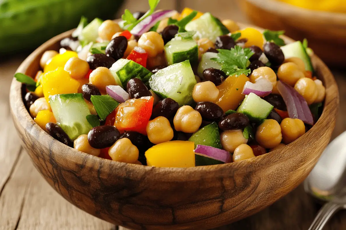 Freshly prepared dense bean salad in a rustic wooden bowl