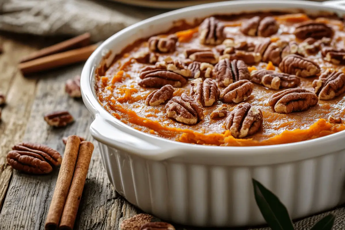 Freshly baked sweet potato casserole with pecans.