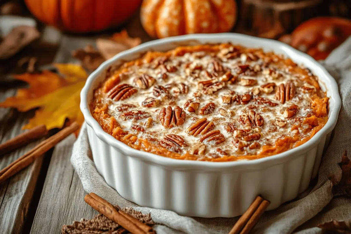 Classic sweet potato casserole with marshmallows and pecans.