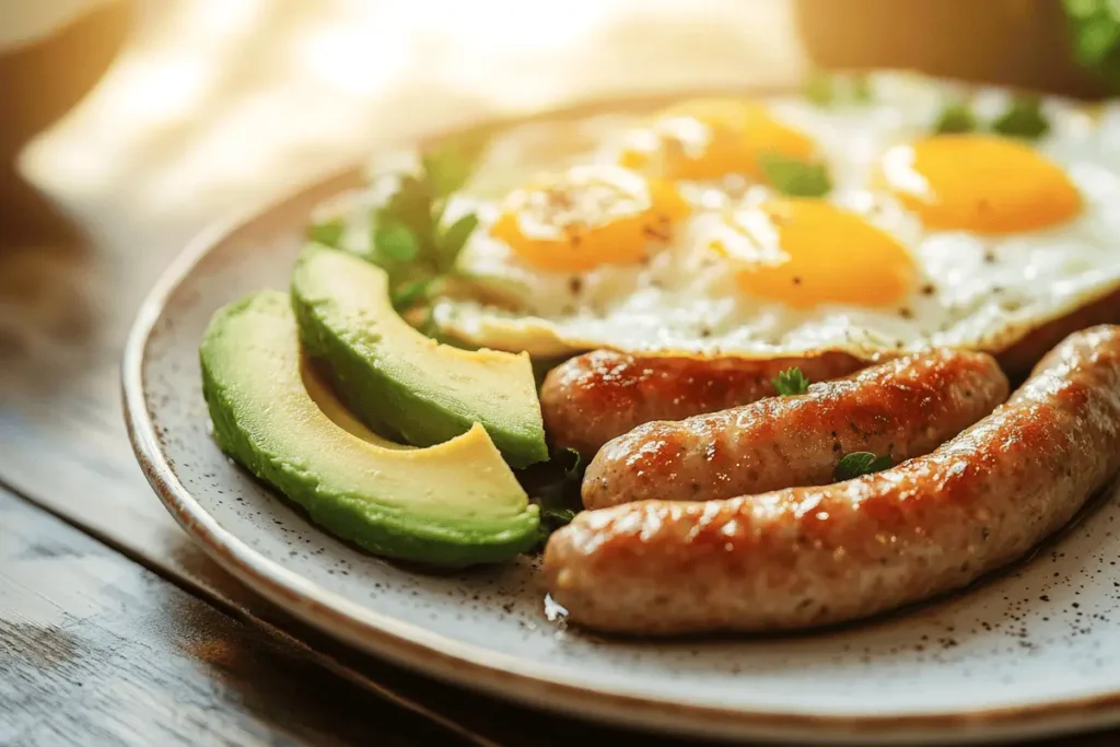 Homemade turkey breakfast sausage with eggs and avocado.