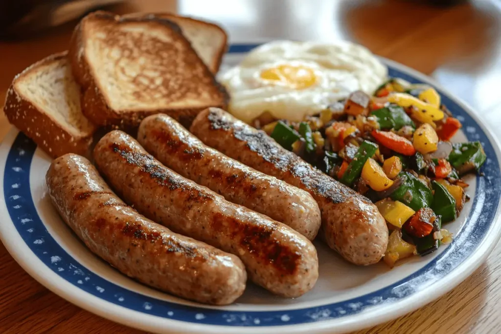 Healthy turkey breakfast sausages served with eggs and toast.