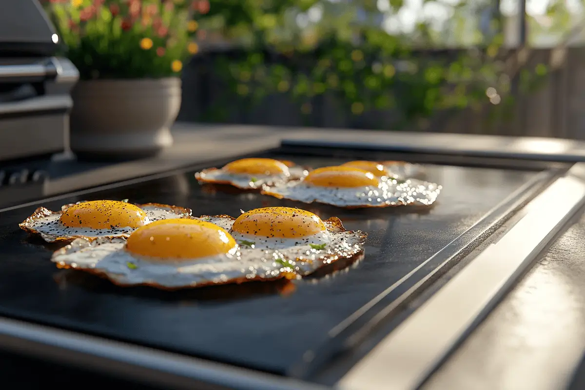 Perfectly cooked eggs on a Blackstone griddle with a non-stick surface.