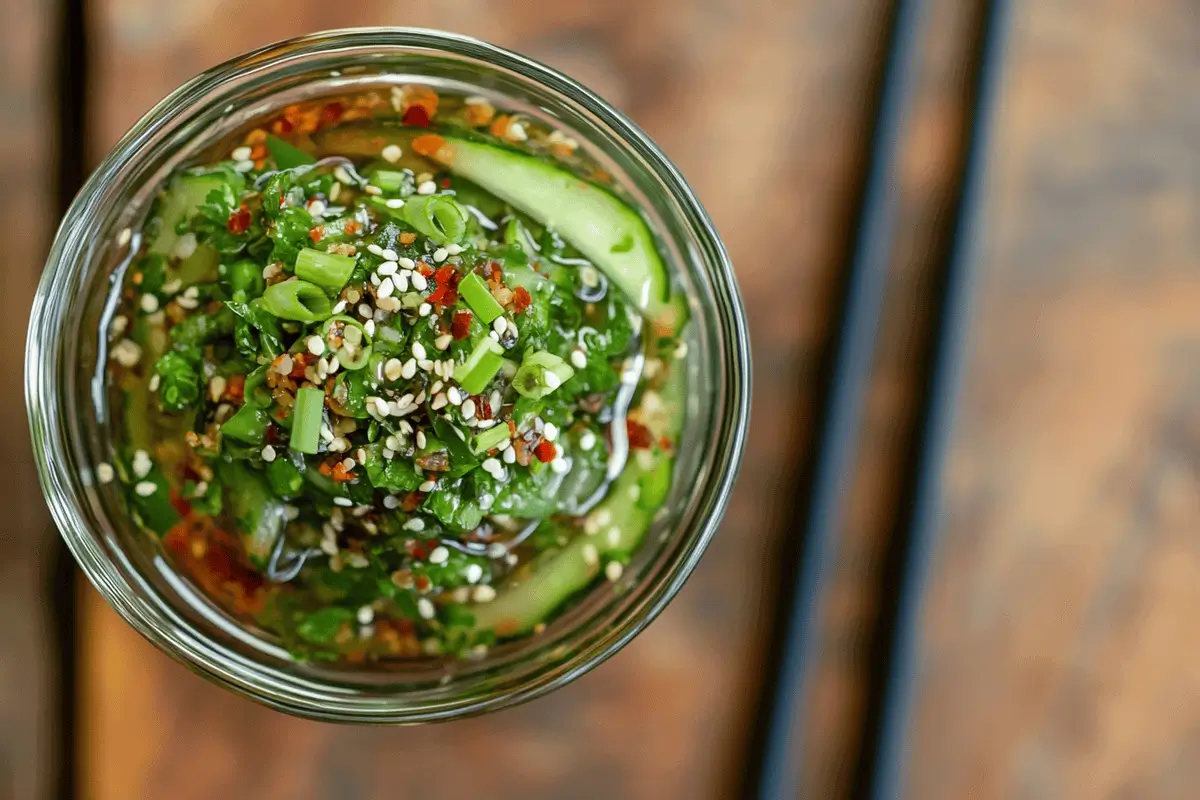 Fresh Logan cucumber salad with sesame and chili oil.