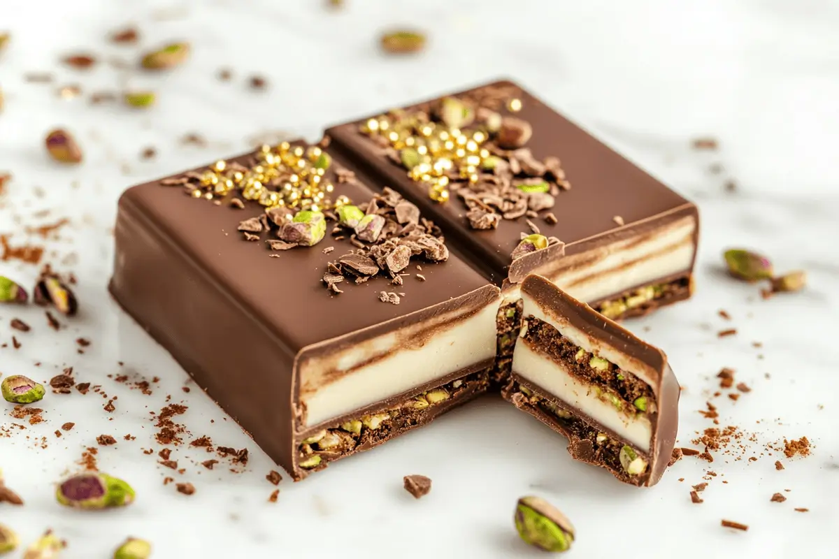 A cut-open Dubai chocolate bar revealing layers of pistachios, tahini, and kataifi pastry.