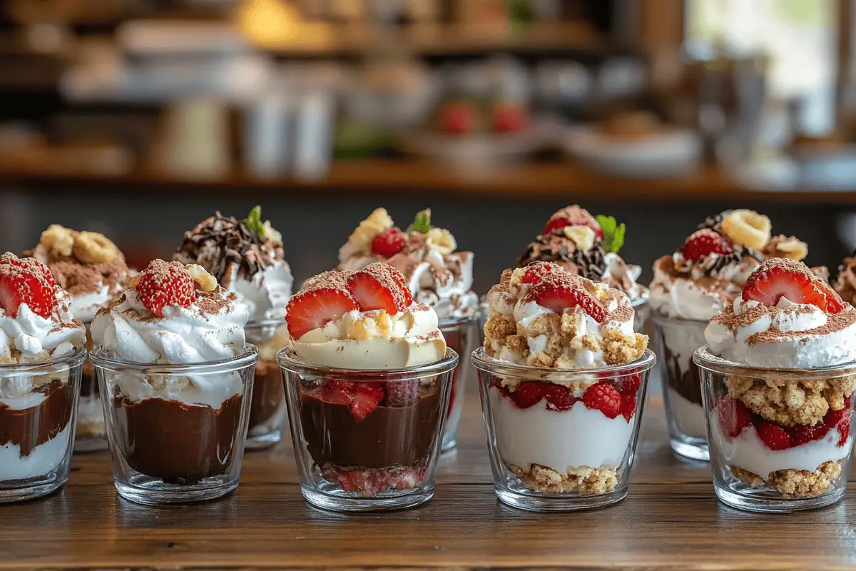 Assorted mini dessert cups with fruits, chocolate, and cream